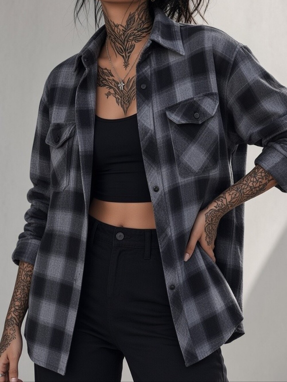 Womens Black & Gray Plaid Button-Up Shacket